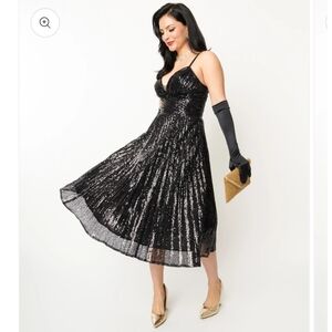 Unique Vintage 1950s Black Pleated Sequin Swing Dress Large
